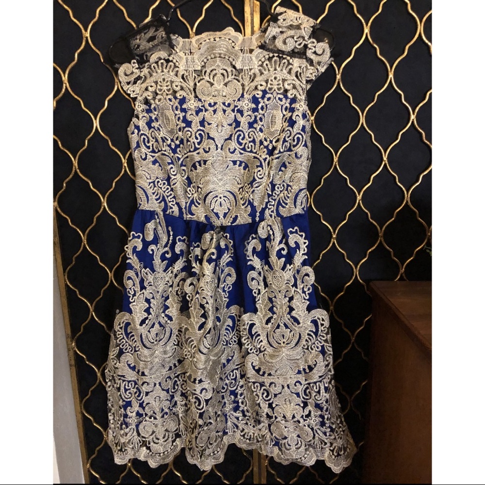 Blue and Gold Embroidered Formal Dress